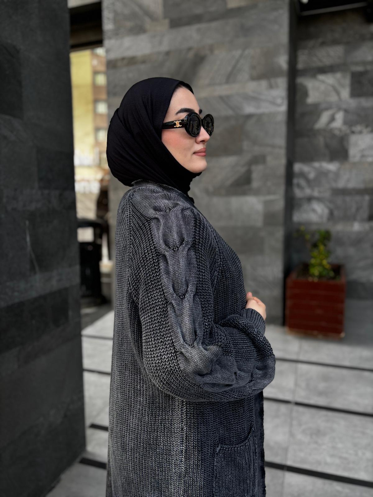 Kolları Örgü Detaylı %100 Pamuk Uzun Hırka