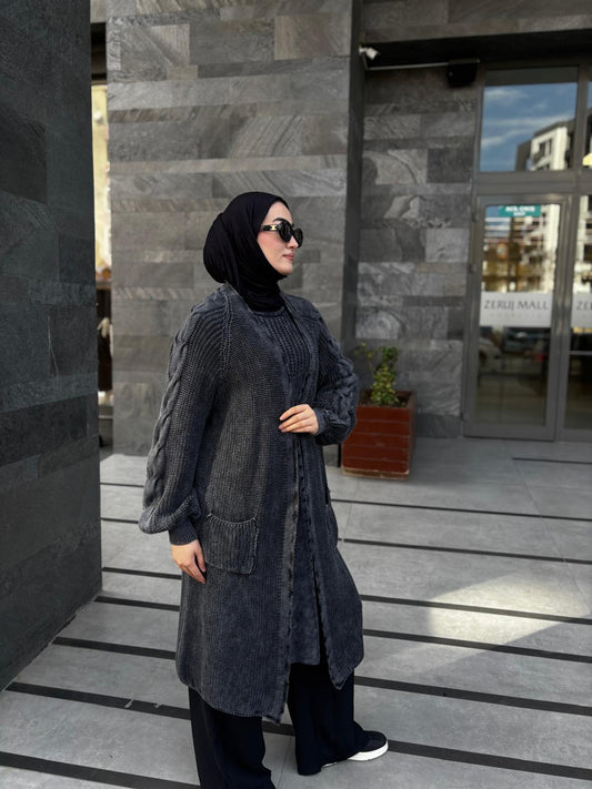 Kolları Örgü Detaylı %100 Pamuk Uzun Hırka