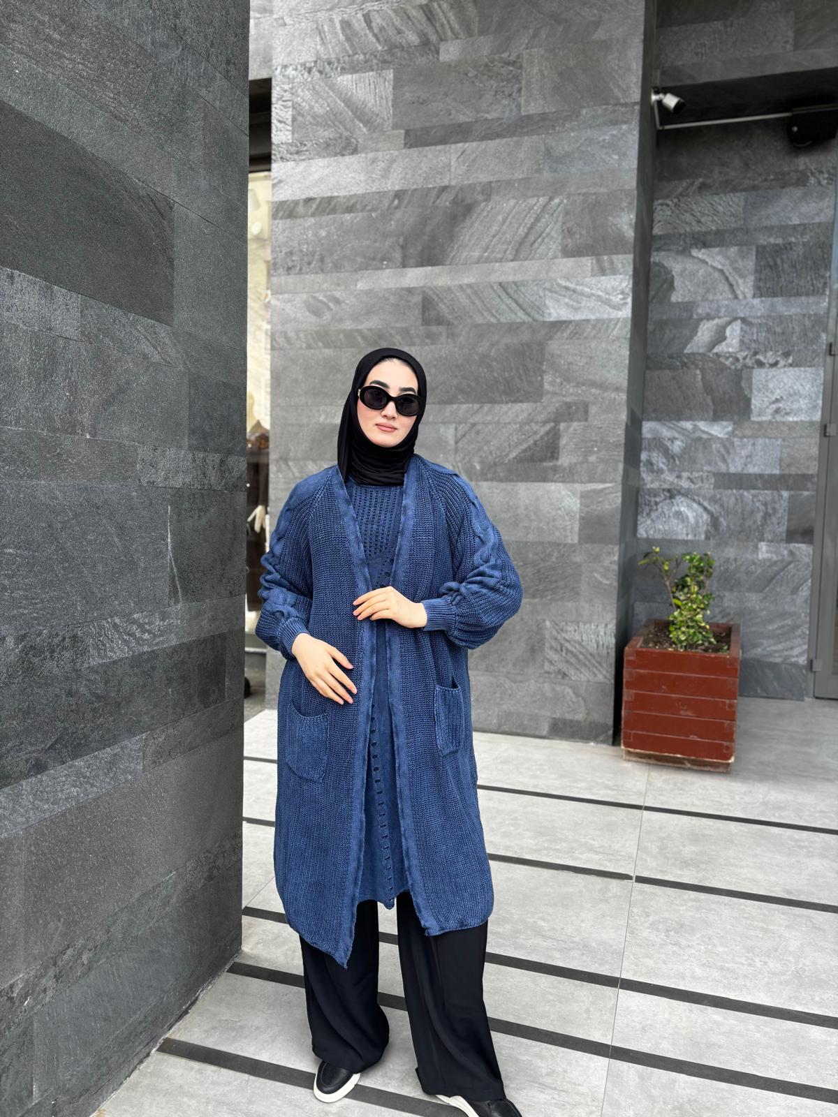 Kolları Örgü Detaylı %100 Pamuk Uzun Hırka